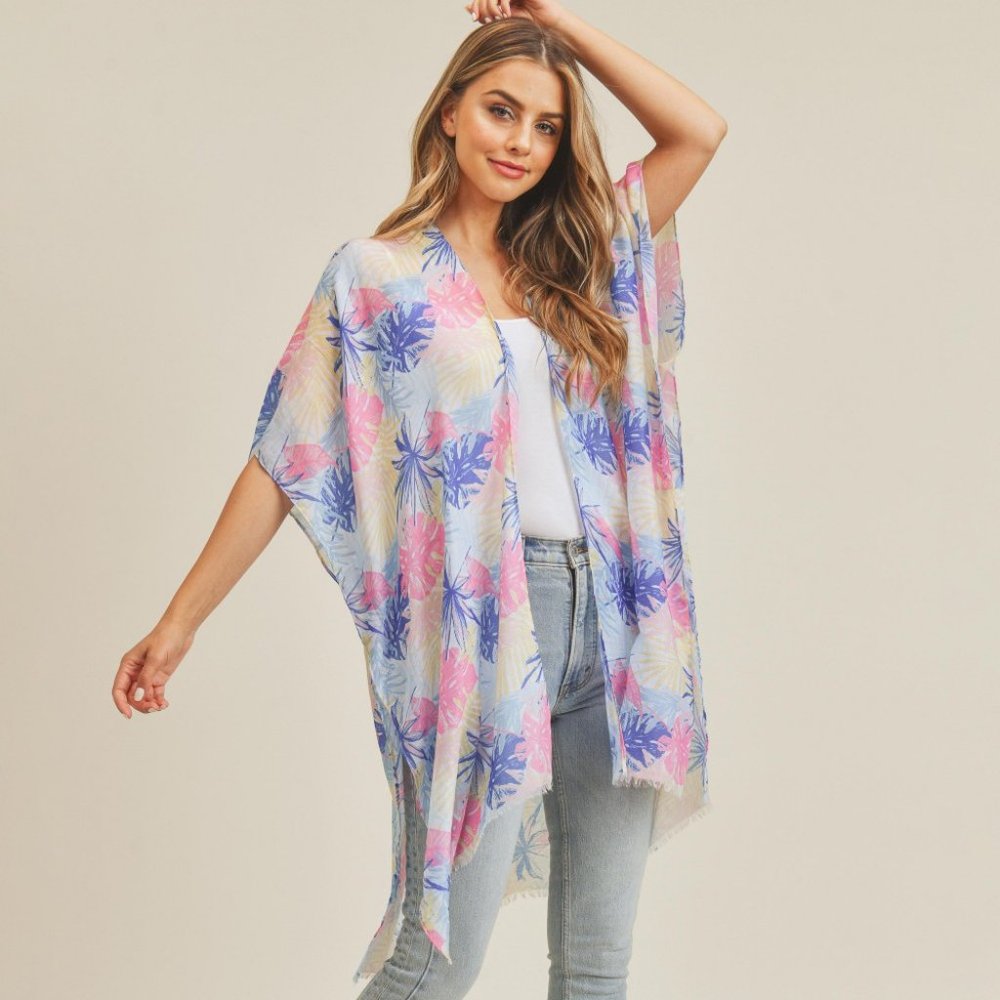 Lightweight Exotic Palm Leaf Kimono With Frayed Edges Blue